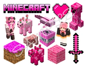 Pink Minecraft Themed Edible Cake Toppers Icing Sheet A4